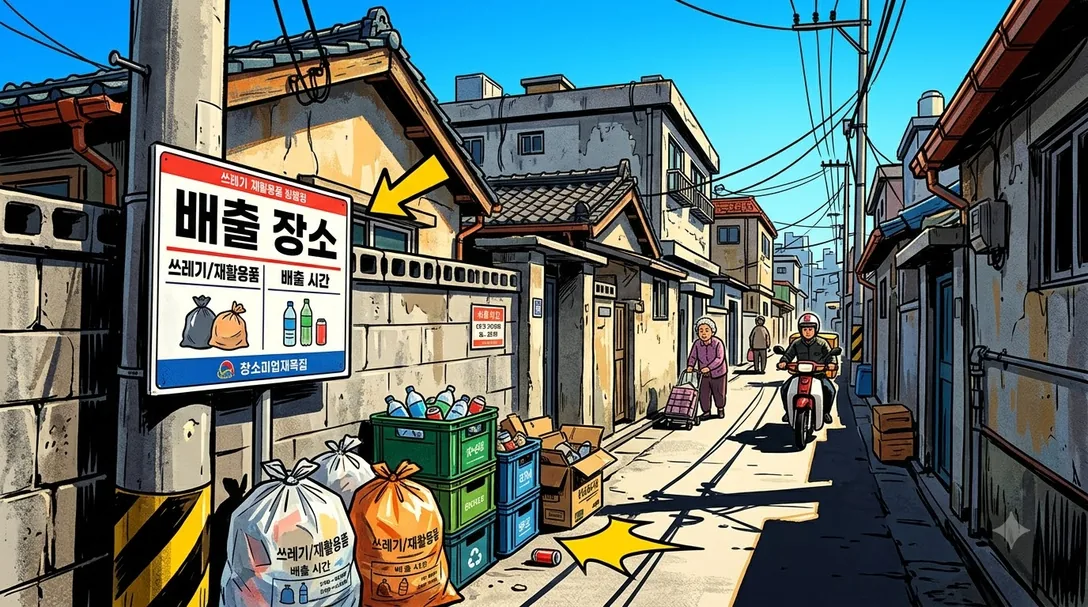 골목의 대형폐기물 배출 장소 안내 표지판